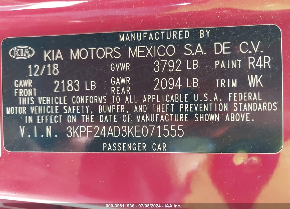 2019 KIA FORTE LXS VIN: 3KPF24AD3KEO71555