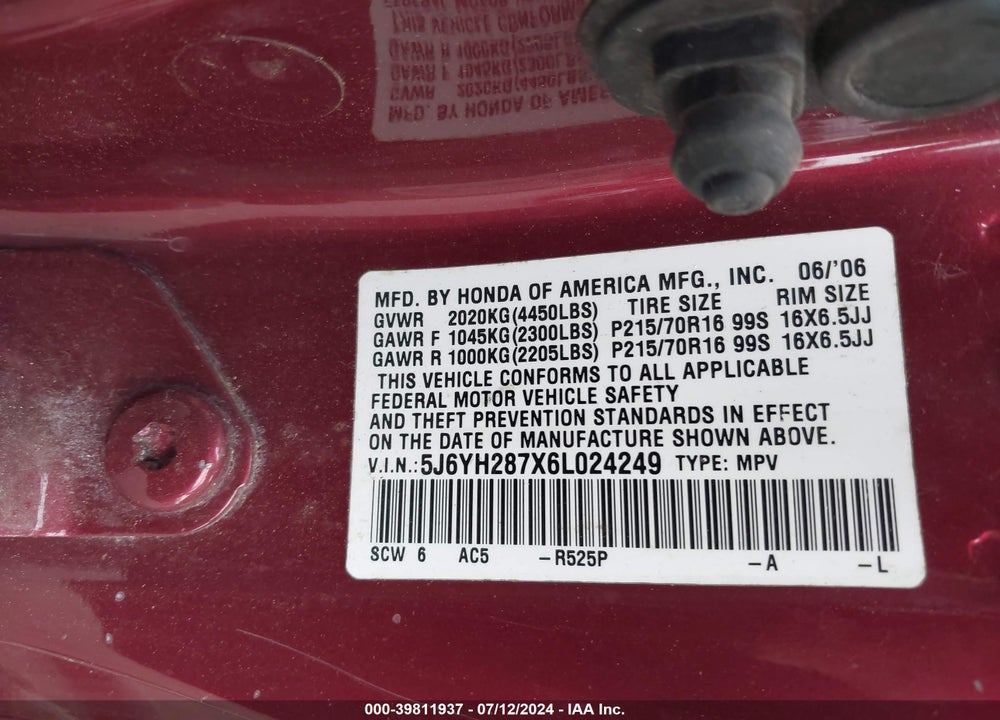 2006 HONDA ELEMENT EX-P VIN: 5J6YH287X6L024249