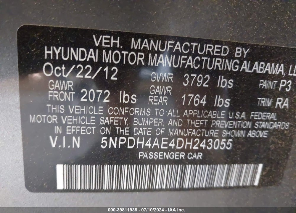 2013 HYUNDAI ELANTRA GLS VIN: 5NPDH4AE4DH243055