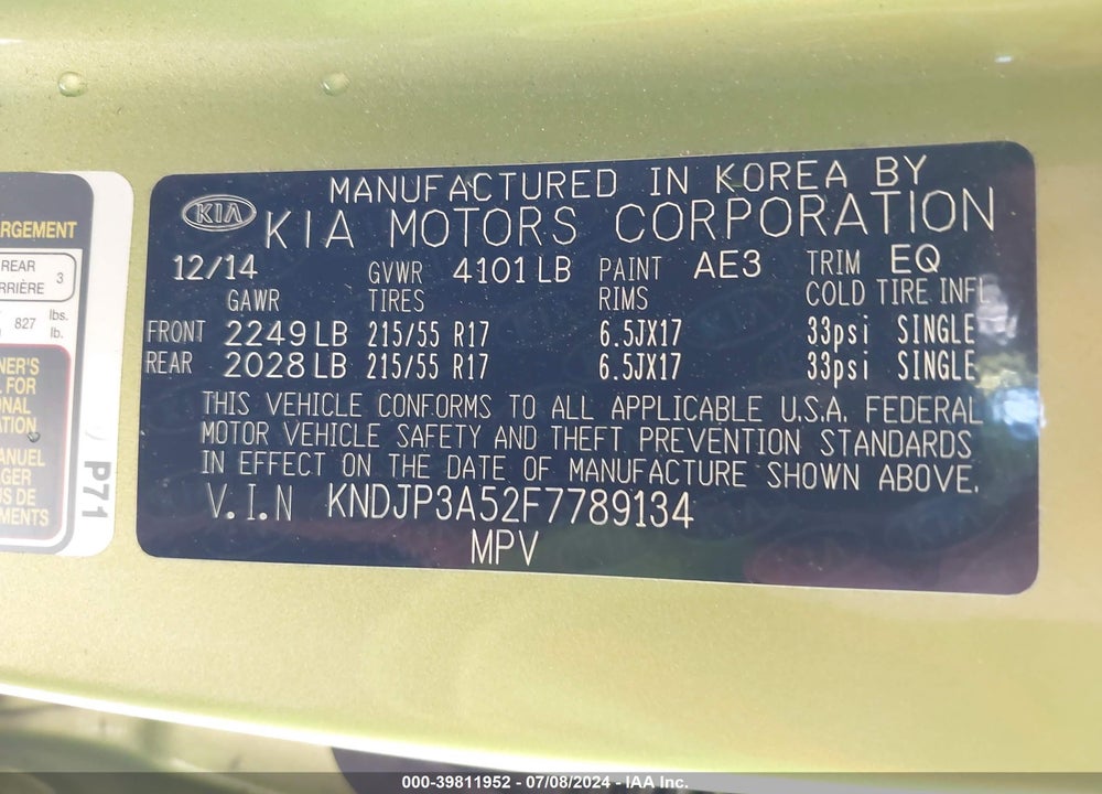 2015 KIA SOUL VIN: KNDJP3A52F7789134