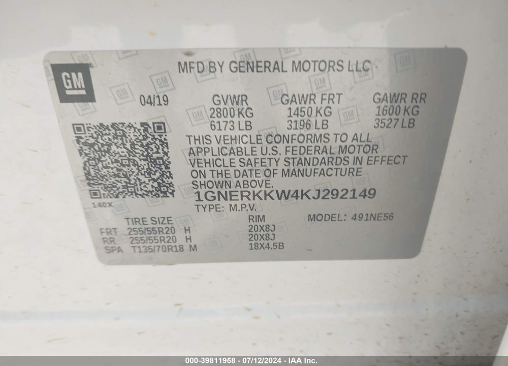 2019 CHEVROLET TRAVERSE PREMIER VIN: 1GNERKKW4KJ292149