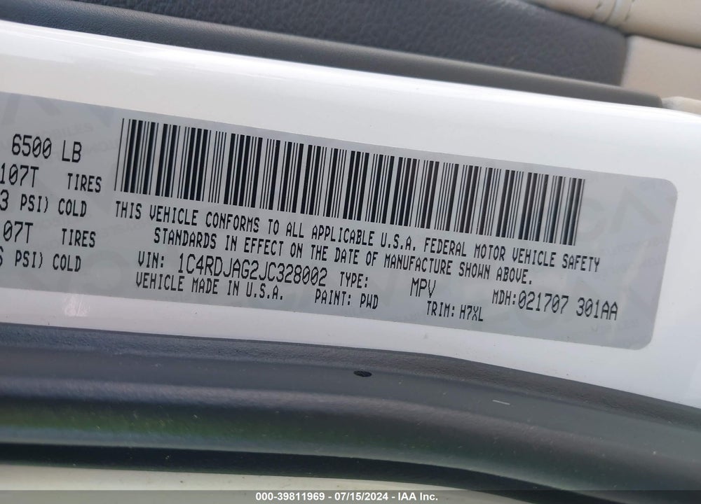 2018 DODGE DURANGO SXT AWD VIN: 1C4RDJAG2JC328002