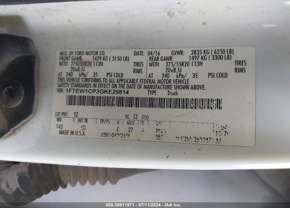 2016 FORD F-150 XL VIN: 1FTEW1CP3GKE29814