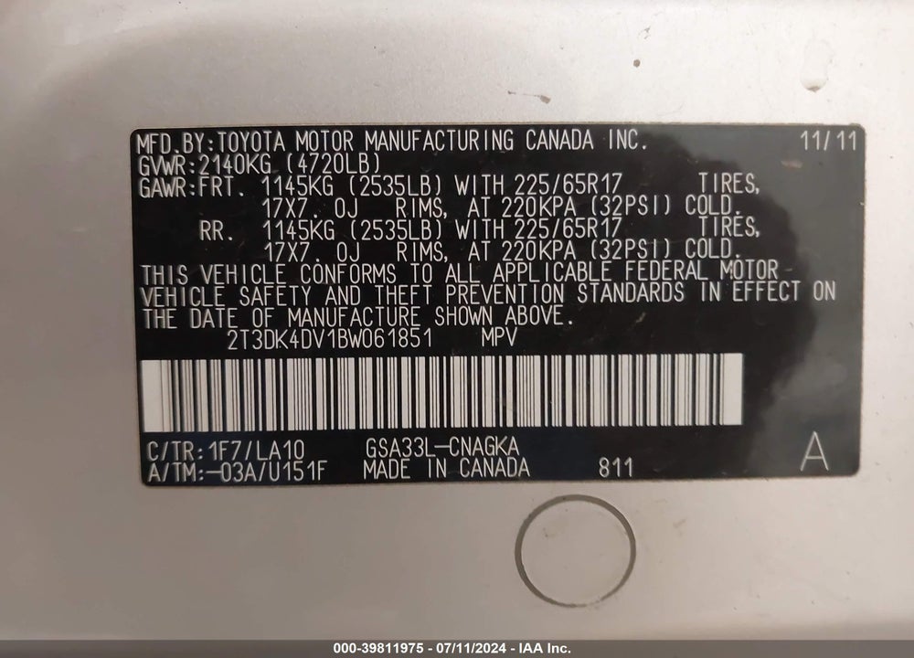 2011 TOYOTA RAV4 LIMITED V6 VIN: 2T3DK4DV1BW061851