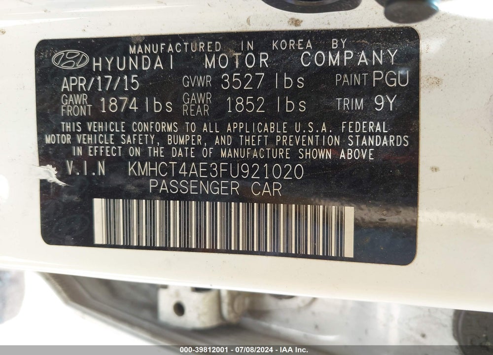 2015 HYUNDAI ACCENT GLS VIN: KMHCT4AE3FU921020