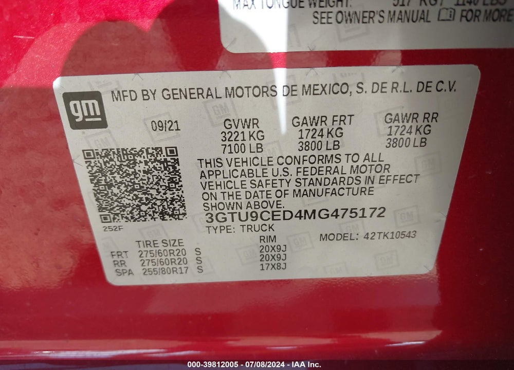 2021 GMC SIERRA 1500 4WD SHORT BOX ELEVATION VIN: 3GTU9CED4MG475172