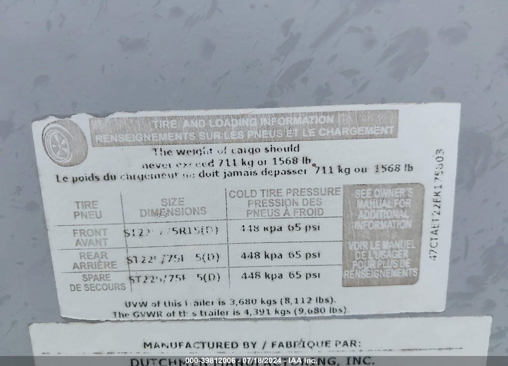 2014 AEROLITE 319BHSS VIN: 47CTAET22EK175803