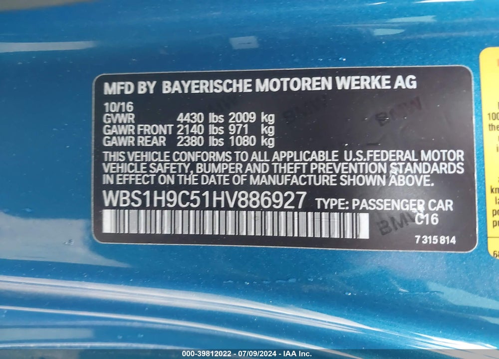2017 BMW M2 VIN: WBS1H9C51HV886927