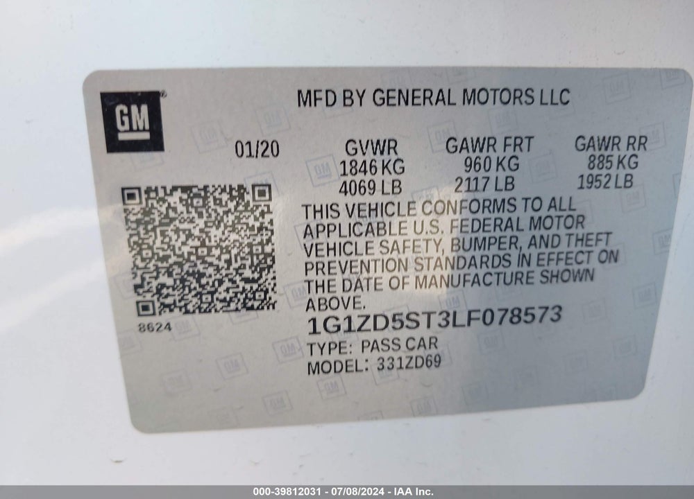 2020 CHEVROLET MALIBU FWD LT VIN: 1G1ZD5ST3LF078573