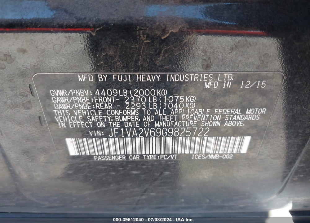2016 SUBARU WRX STI VIN: JF1VA2V69G9825722