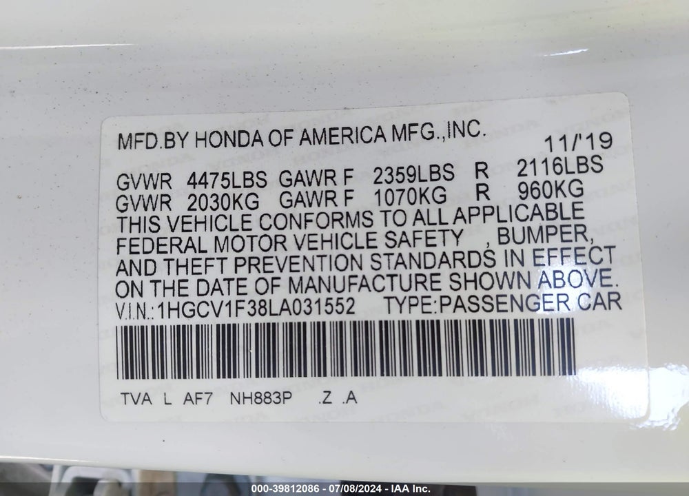 2020 HONDA ACCORD SPORT VIN: 1HGCV1F38LA031552