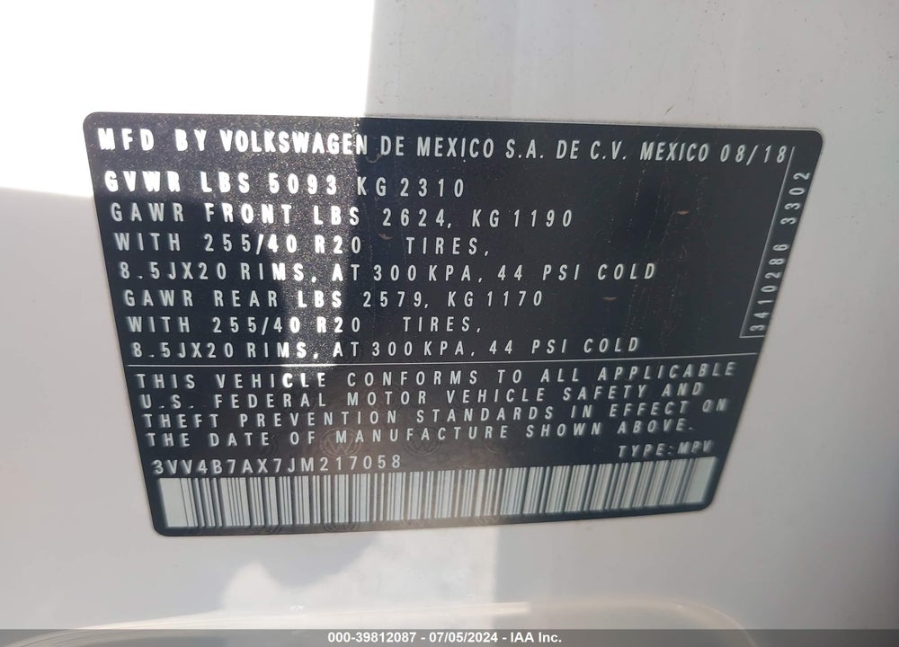 2018 VOLKSWAGEN TIGUAN 2.0T SEL PREMIUM VIN: 3VV4B7AX7JM217058