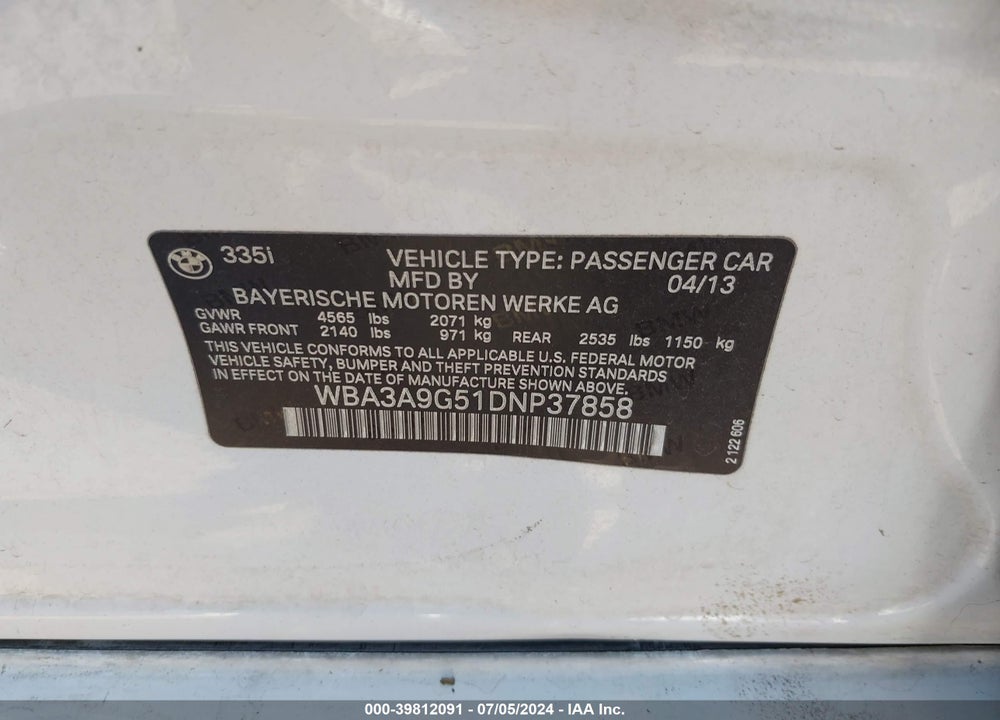 2013 BMW 335I VIN: WBA3A9G51DNP37858