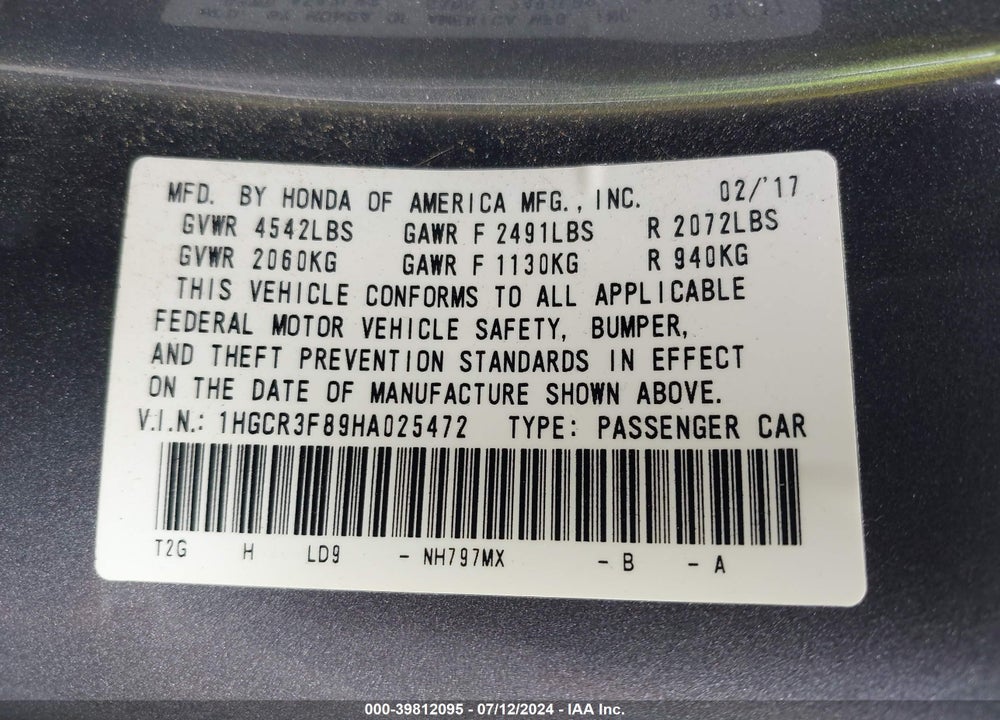 2017 HONDA ACCORD EX-L V6 VIN: 1HGCR3F89HA025472
