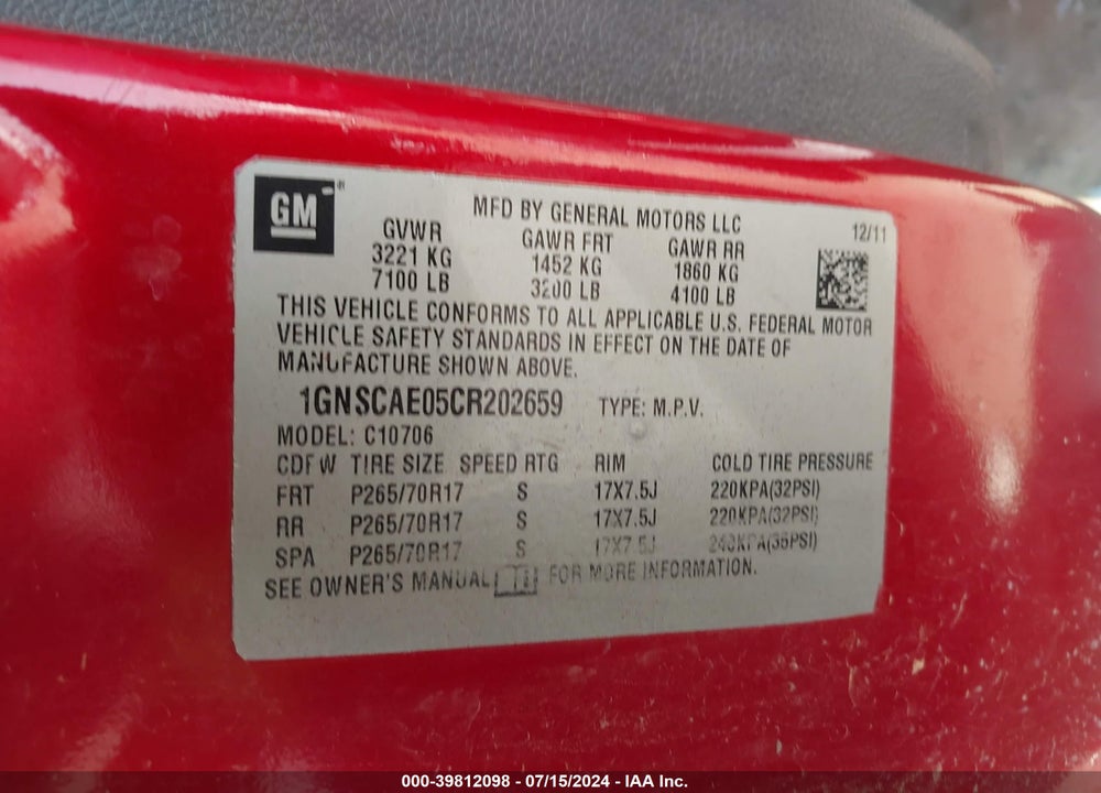 2012 CHEVROLET TAHOE LS VIN: 1GNSCAE05CR202659