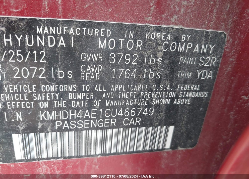 2012 HYUNDAI ELANTRA GLS (ULSAN PLANT) VIN: KMHDH4AE1CU466749