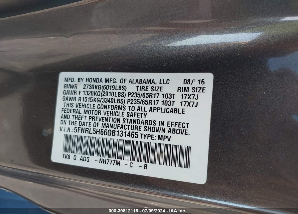2016 HONDA ODYSSEY EX-L VIN: 5FNRL5H66GB131465
