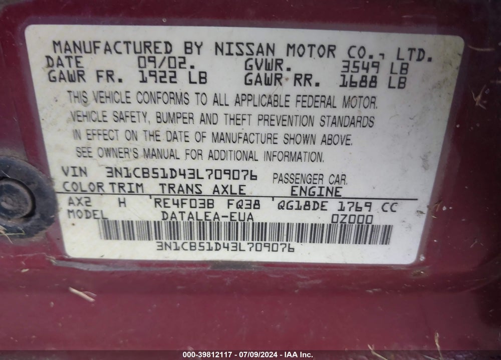 2003 NISSAN SENTRA GXE VIN: 3N1CB51D43L709076