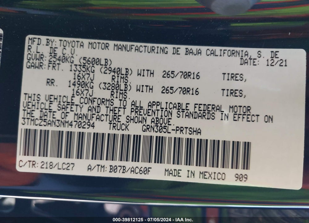 2022 TOYOTA TACOMA TRD OFF ROAD VIN: 3TMCZ5AN3NM470294
