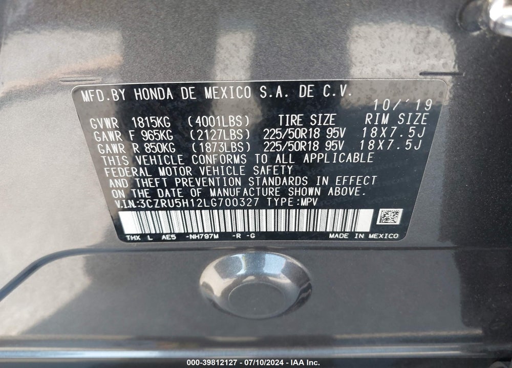 2020 HONDA HR-V 2WD SPORT VIN: 3CZRU5H12LG700327