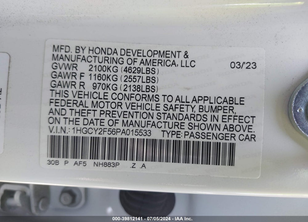 2023 HONDA ACCORD HYBRID SPORT VIN: 1HGCY2F56PA015533