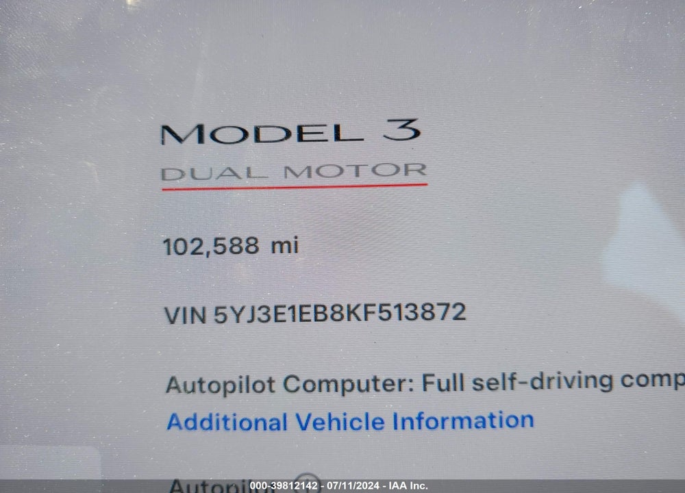 2019 TESLA MODEL 3 LONG RANGE/PERFORMANCE VIN: 5YJ3E1EB8KF513872