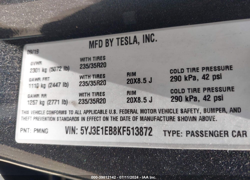2019 TESLA MODEL 3 LONG RANGE/PERFORMANCE VIN: 5YJ3E1EB8KF513872