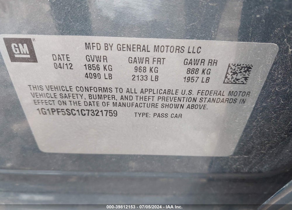 2012 CHEVROLET CRUZE 1LT VIN: 1G1PF5SC1C7321759