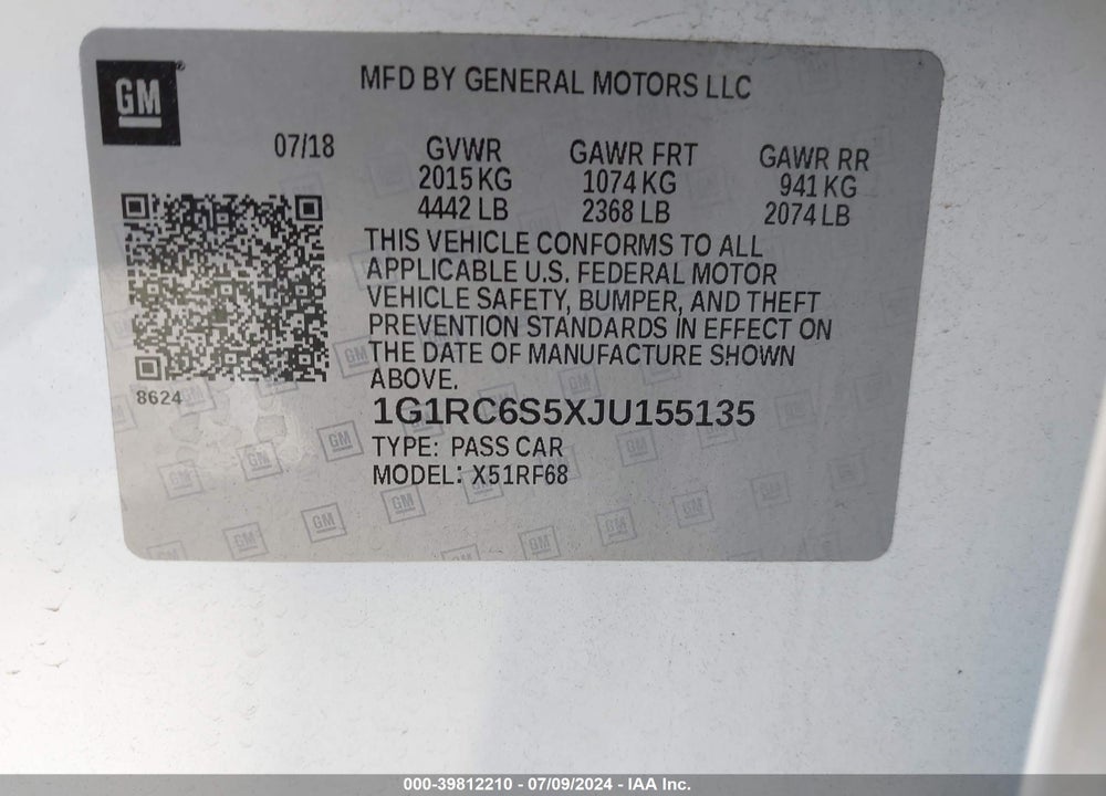 2018 CHEVROLET VOLT LT VIN: 1G1RC6S5XJU155135