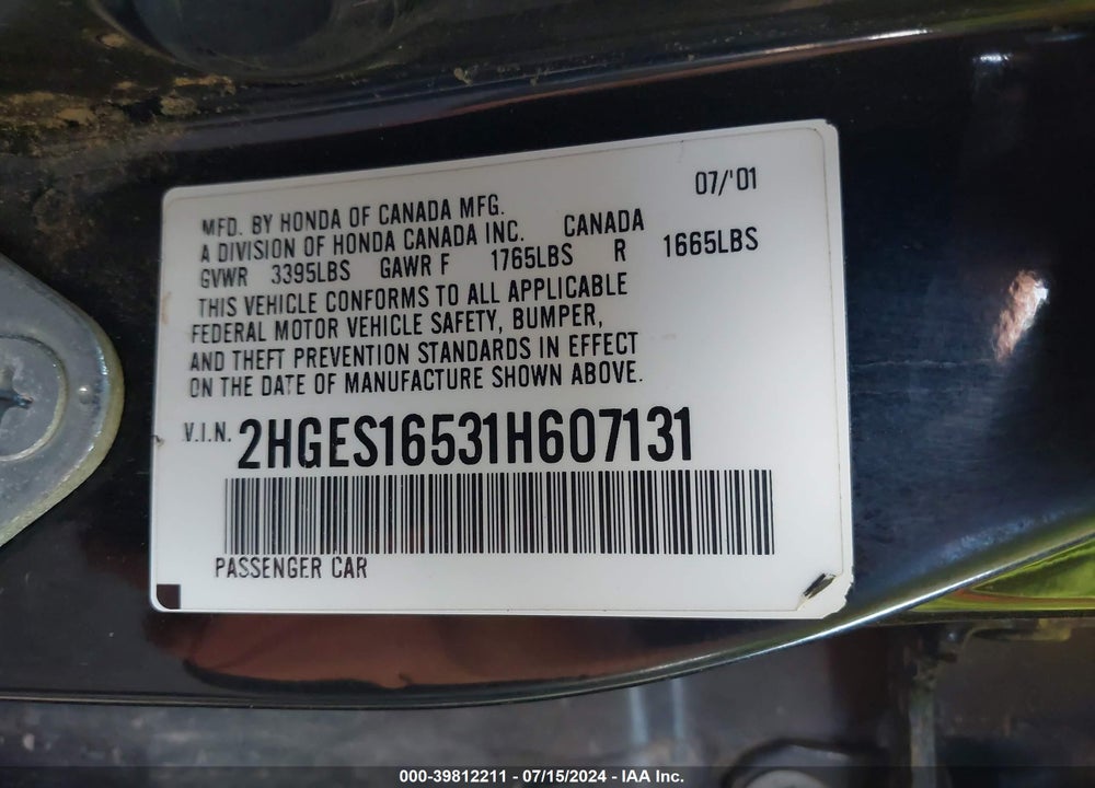2001 HONDA CIVIC LX VIN: 2HGES16531H607131