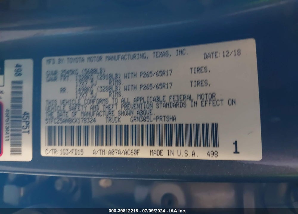 2019 TOYOTA TACOMA TRD SPORT VIN: 5TFCZ5AN8KX178324