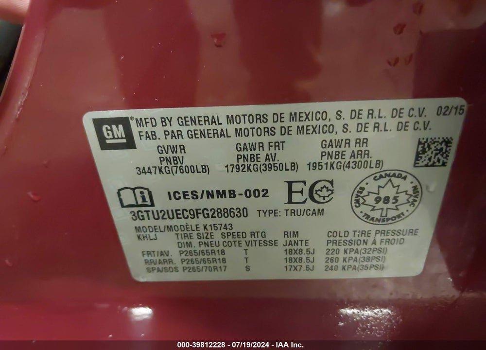 2015 GMC SIERRA 1500 SLE VIN: 3GTU2UEC9FG288630