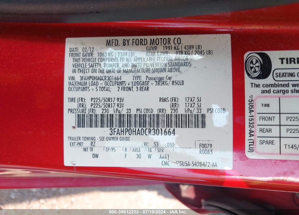 2012 FORD FUSION SE VIN: 3FAHP0HA0CR301664