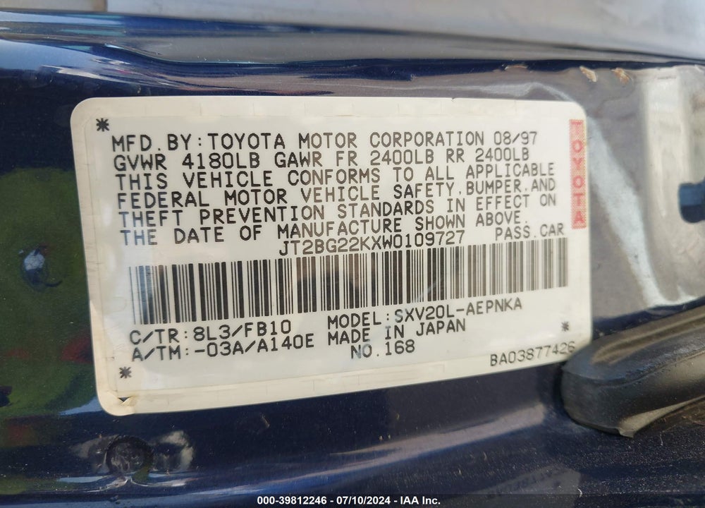 1998 TOYOTA CAMRY LE VIN: JT2BG22KXW0109727
