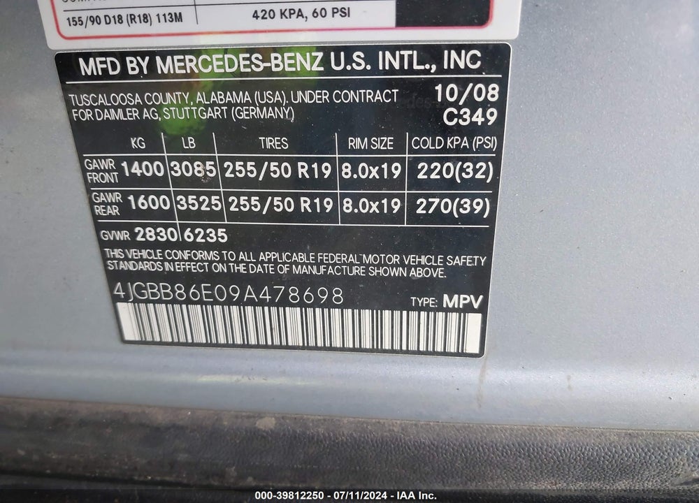 2009 MERCEDES-BENZ ML 350 4MATIC VIN: 4JGBB86E09A478698
