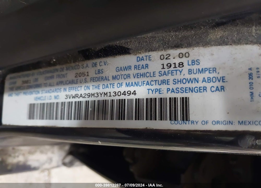 2000 VOLKSWAGEN JETTA GL VIN: 3VWRA29M3YM130494