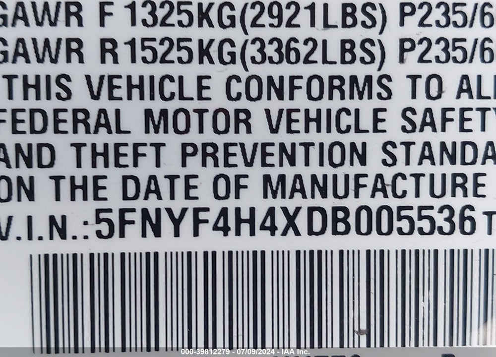 2013 HONDA PILOT EX VIN: 5FNYF4H4XDB005536