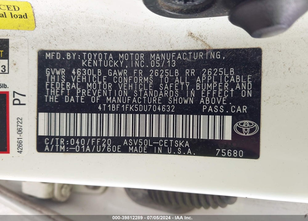 2013 TOYOTA CAMRY SE VIN: 4T1BF1FK5DU704632