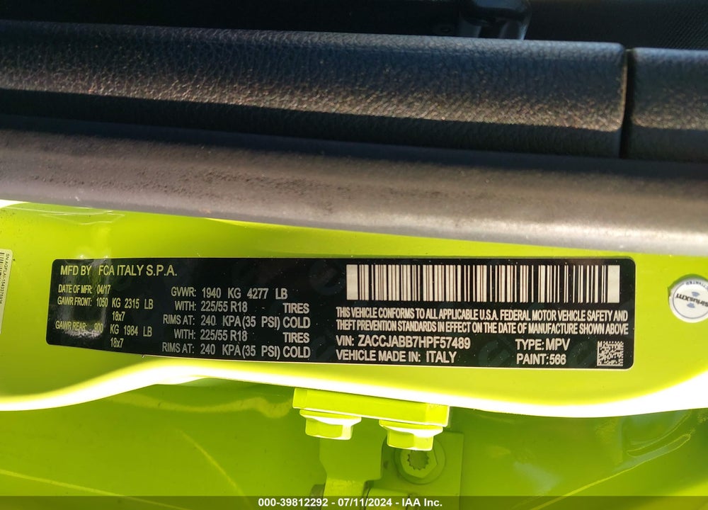 2017 JEEP RENEGADE ALTITUDE FWD VIN: ZACCJABB7HPF57489