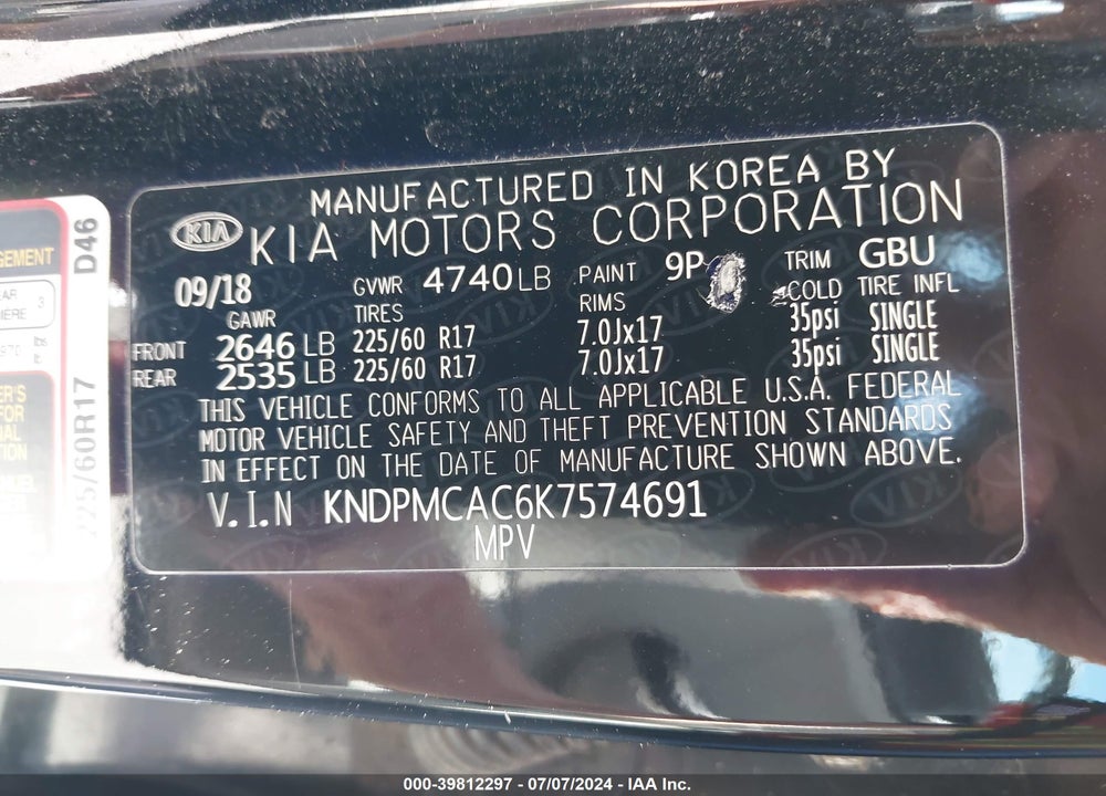 2019 KIA SPORTAGE LX VIN: KNDPMCAC6K7574691