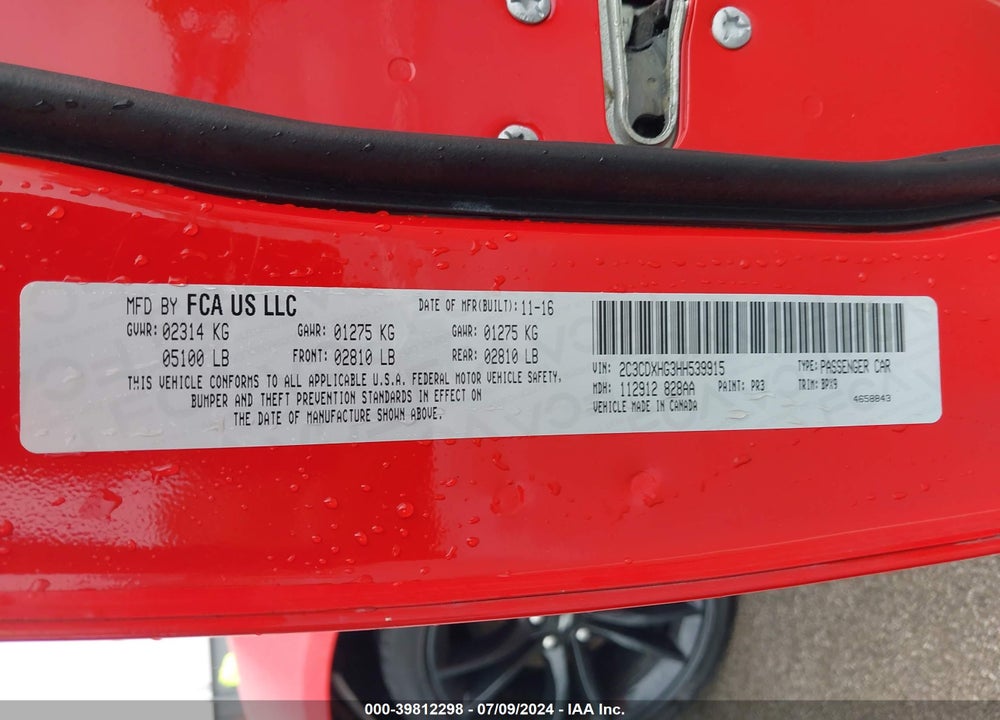 2017 DODGE CHARGER SXT RWD VIN: 2C3CDXHG3HH539915