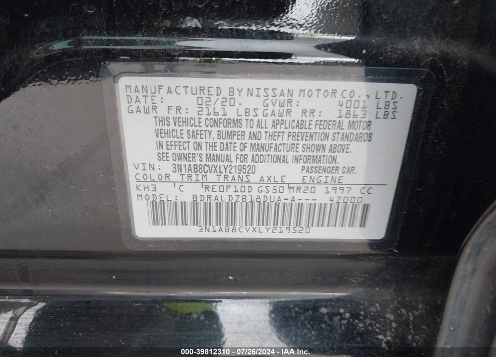 2020 NISSAN SENTRA SV XTRONIC CVT VIN: 3N1AB8CVXLY219520
