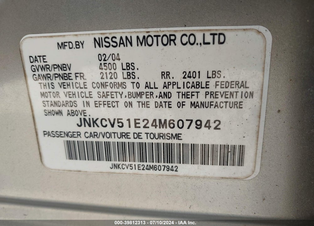 2004 INFINITI G35 VIN: JNKCV51E24M607942