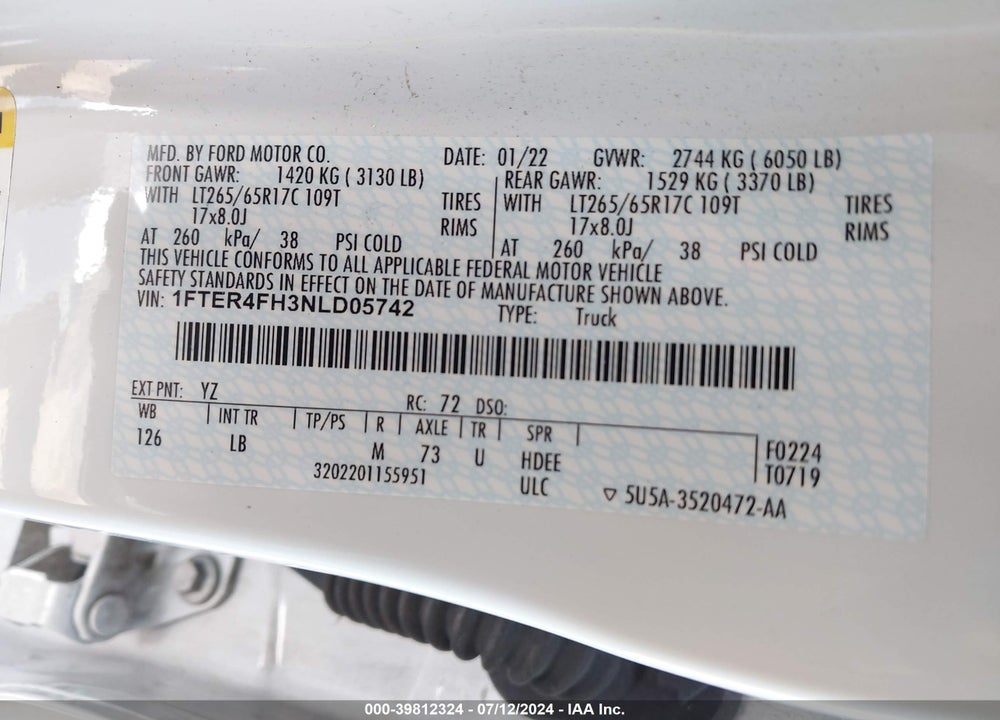 2022 FORD RANGER XLT VIN: 1FTER4FH3NLD05742