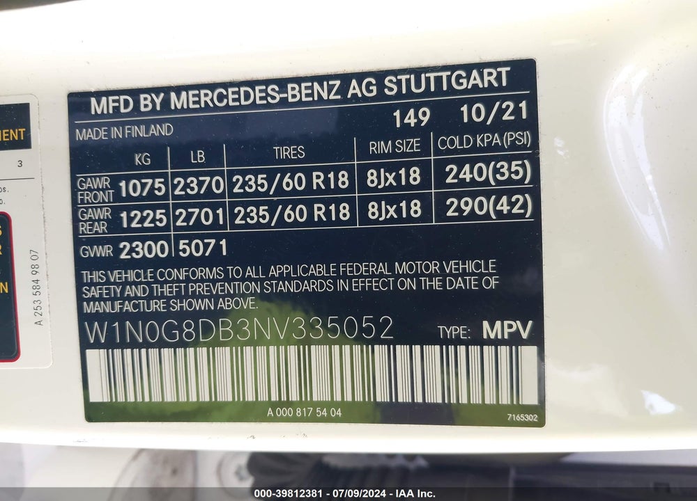 2022 MERCEDES-BENZ GLC 300 SUV VIN: W1N0G8DB3NV335052