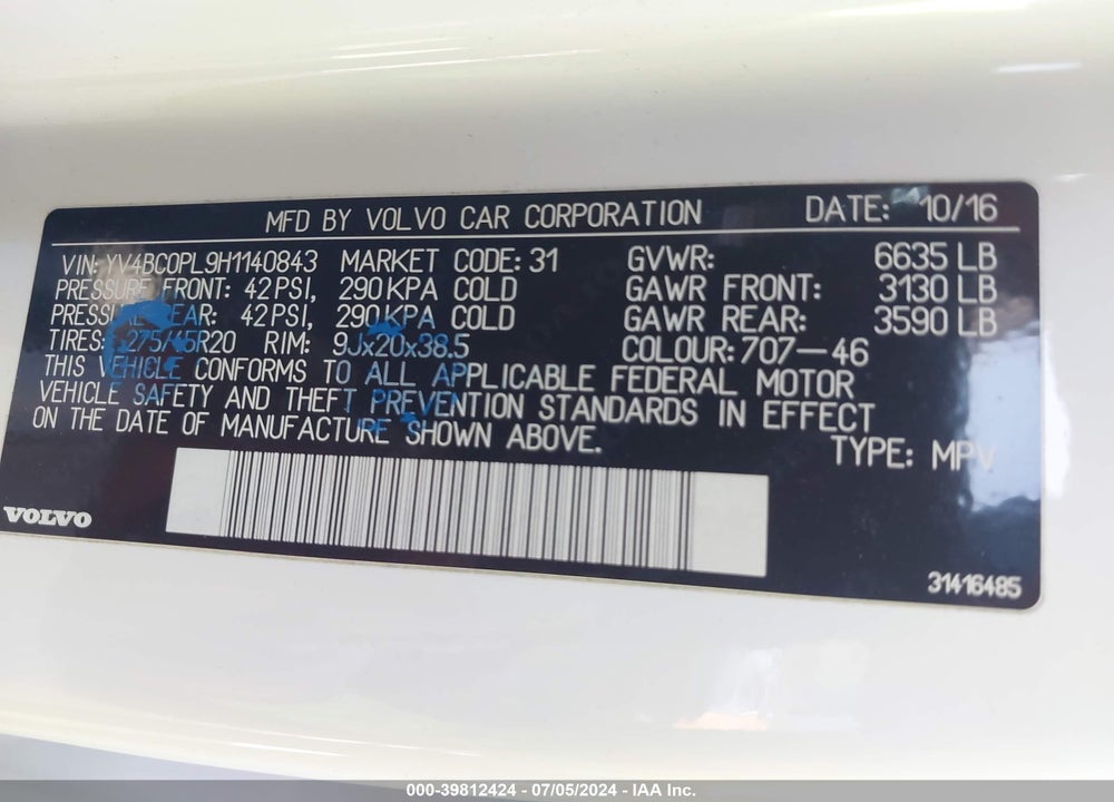 2017 VOLVO XC90 HYBRID T8 INSCRIPTION VIN: YV4BC0PL9H1140843