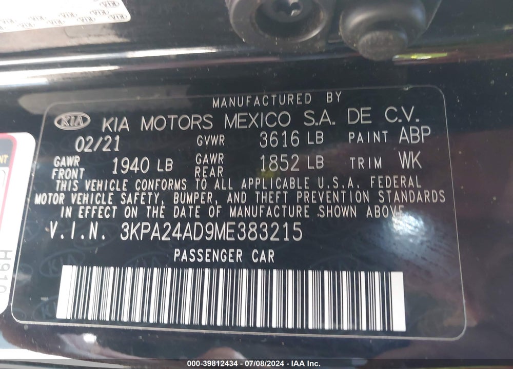 2021 KIA RIO LX VIN: 3KPA24AD9ME383215