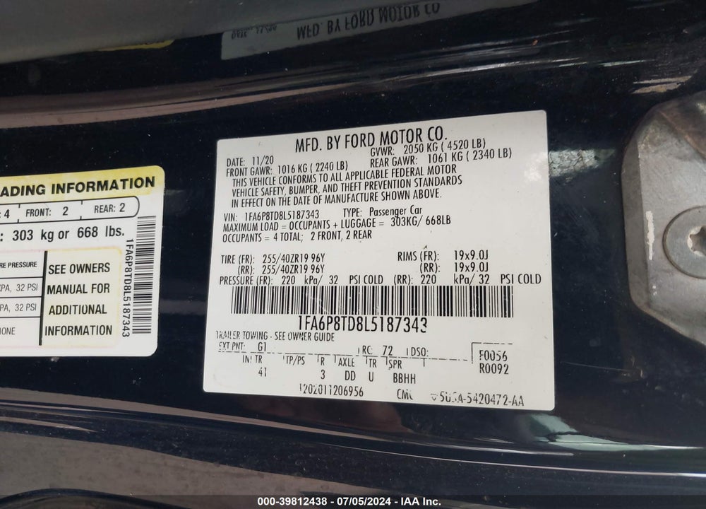 2020 FORD MUSTANG ECOBOOST PREMIUM FASTBACK VIN: 1FA6P8TD8L5187343