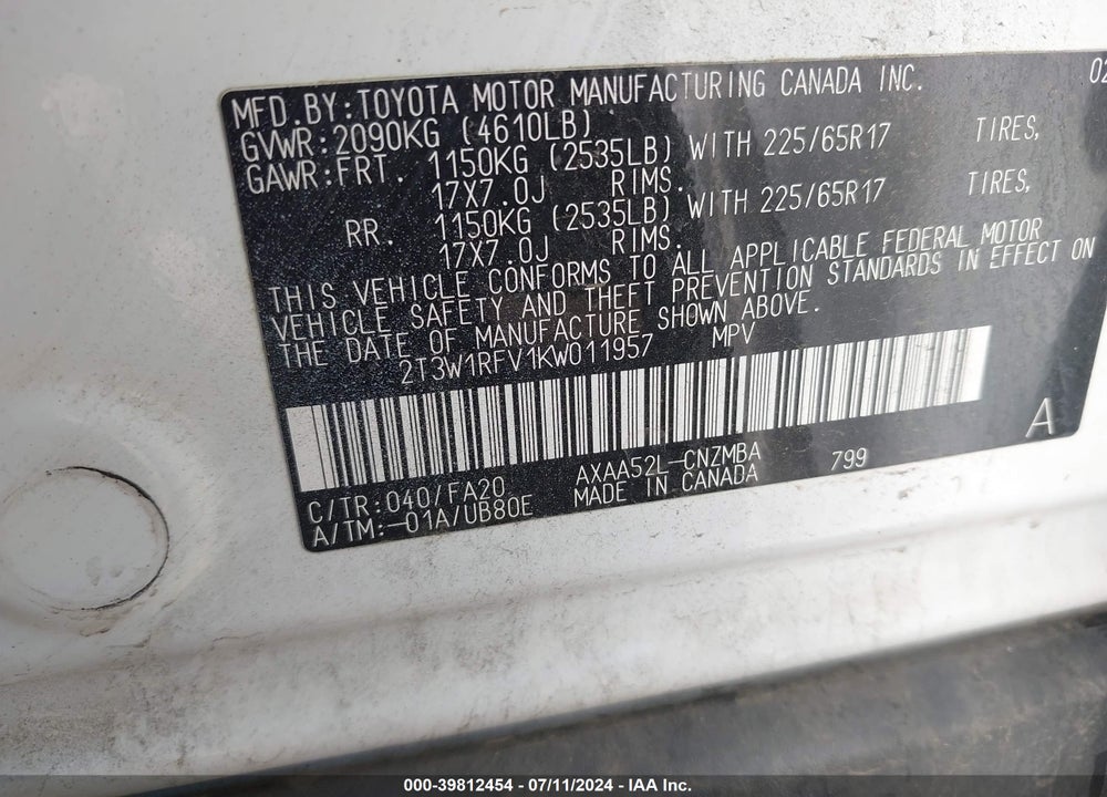 2019 TOYOTA RAV4 XLE VIN: 2T3W1RFV1KW011957