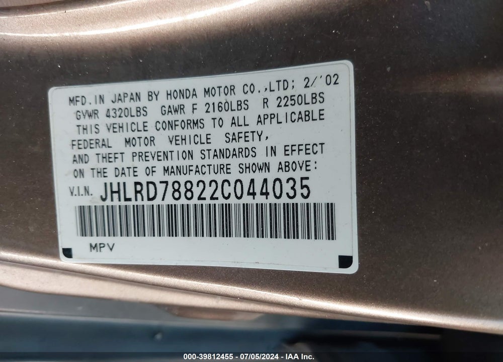 2002 HONDA CR-V EX VIN: JHLRD78822C044035